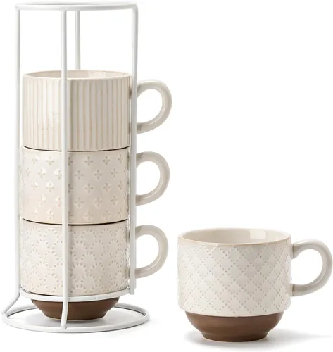 Juego de 4 tazas de café de cerámica grandes con soporte, 15 oz, apilables, tazas de café con relieves diferentes y acanaladas para café con leche,