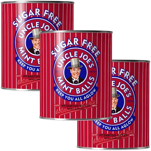 Uncle Joe's Bolas de menta sin azúcar | Latas de caramelo duro británico | Cocidas a mano en fuego abierto | Sin gluten y vegano | Envueltas
