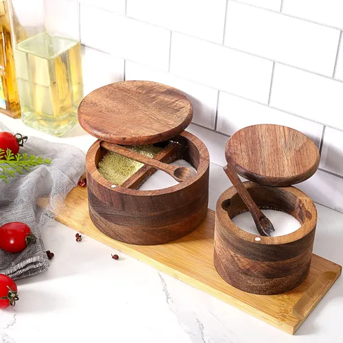 Miniatura 5 de Cuenco de Madera de Acacia para Sal y Pimienta, Salero de Madera Natural y Caja de Almacenamiento de Especias con Cuchara Incorporada y Tapa