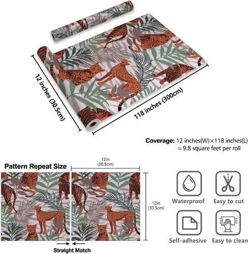 Miniatura 9 de CRE8TIVE Papel tapiz de animales de tigre y leopardo, hojas exóticas de selva tropical, papel tapiz de despegar y pegar, papel tapiz de 12 x 118