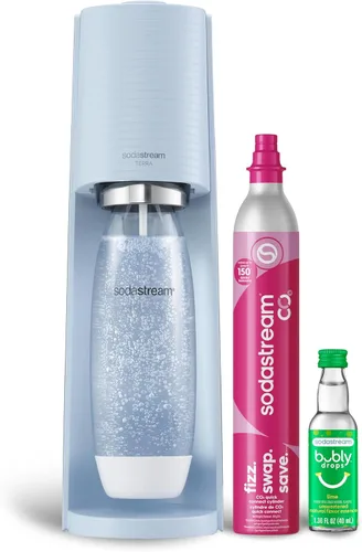 SodaStream Terra - máquina para hacer agua con gas (azul niebla), con CO2, botella DWS y sabores Bubly Drop Azul Misty