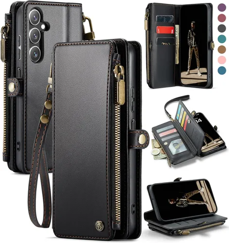 Miniatura 13 de Defencase Funda compatible con Galaxy A13 5G con tarjetero de bloqueo RFID para mujeres y hombres, correa magnética de piel sintética con cierre