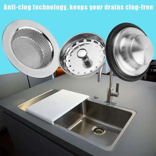 Miniatura 7 de 3 piezas de tapón para fregadero de cocina, 3 en 1 colador de cesta de fregadero de cocina, tapón universal antiobstrucción de acero inoxidable