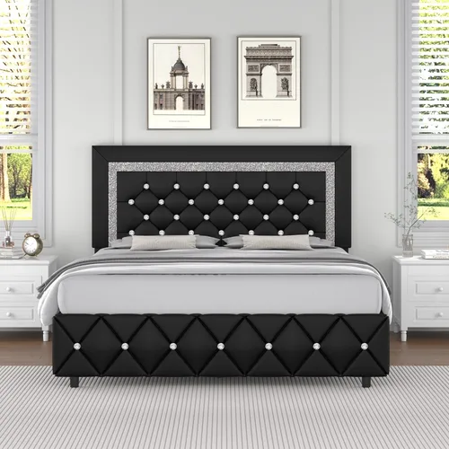 Miniatura 10 de Base de cama individual, plataforma de piel sintética con cabecera tapizada de diamante, base de colchón con fuerte soporte de listones de madera