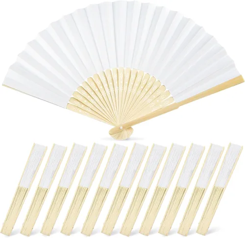 JOHOUSE 12 abanicos de papel blanco de mano – Ventilador de mano plegable de 8.3 pulgadas, ventiladores plegables de mano para mujeres, ventilador