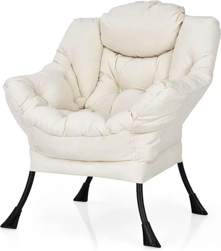 Giantex Silla moderna perezosa, silla de salón contemporánea de tela de poliéster con marco de acero, silla individual tapizada con reposabrazos y