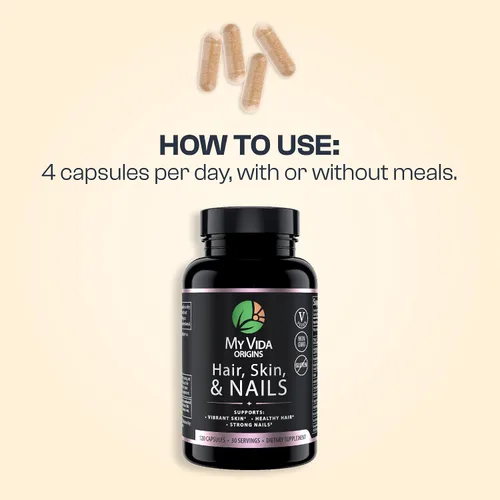 Miniatura 6 de My Vida Origins Cabello y uñas Cabello más grueso, uñas más fuertes, piel vibrante Apoya la belleza natural Zinc, biotina, vitamina E Vegano