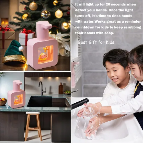 Miniatura 2 de Dispensador de jabón automático lindo - Dispensador de jabón de manos sin contacto rosa para niños, impermeable de montaje en pared USB recargable