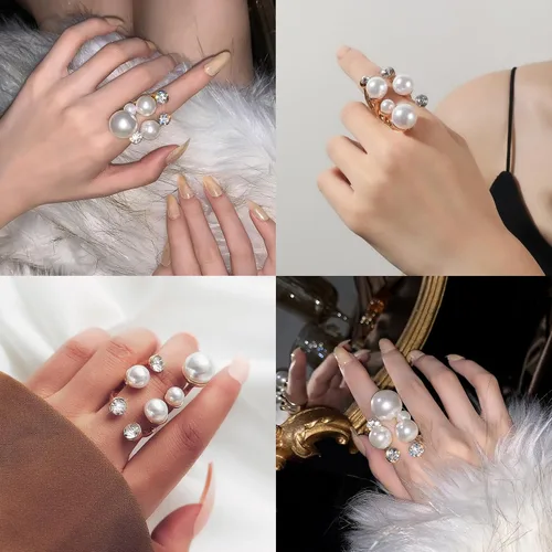 Miniatura 6 de Cicod Anillo de perlas vintage, apilables, anillos de perlas ajustables, anillo de dedo completo de perlas abiertas, joyería de moda para mujeres