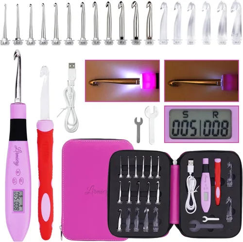 Miniatura 10 de Juego de Ganchos de Ganchillo con Cuenta Digital, Gancho de Ganchillo Ergonómico con Luz LED y 2 Niveles de Brillo Ajustable, Ganchos de Ganchillo