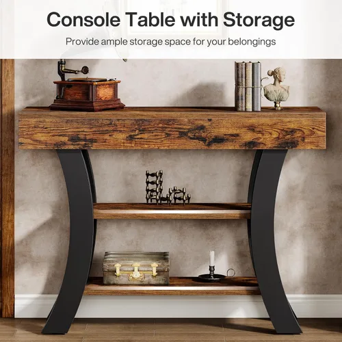 Miniatura 6 de Tribesigns Mesa consola pequeña de 41 pulgadas para entrada, mesa de sofá rústica estrecha de 3 niveles con estantes de almacenamiento y marco