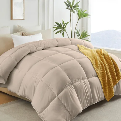 L LOVSOUL Edredón alternativo de plumón tamaño King, relleno de edredón para todas las estaciones con pestañas en las esquinas, edredón beige King