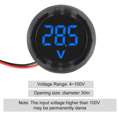 Miniatura 2 de 5 piezas DC 4-100V medidor de voltaje digital LED para auto, voltímetro de 2 cables redondo, medidor de voltaje y corriente digital DC, detector