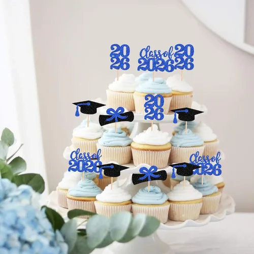 Miniatura 6 de 36 piezas 2026 decoraciones temáticas de graduación 2026 con purpurina para la clase de 2026 para graduación, diploma de graduación 2026, Azul