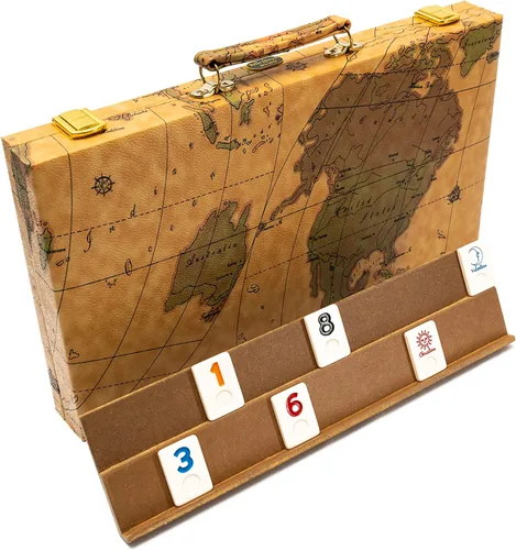Miniatura 2 de United Nations of New York, Deluxe Rummy Set con números grabados de gran tamaño y estantes de madera en una caja de mapa de estilo vintage