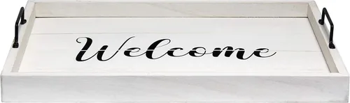 Miniatura 2 de Elegant Designs HG2000-WWC 15.50" x 12" Bandeja de madera decorativa para servir con asas, lavado blanco Bienvenido White Wash "Bienvenido
