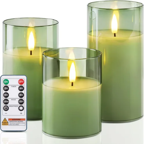 Miniatura 9 de Homemory Vela sin llama extra grande de 6 x 6 pulgadas con 3 mechas, vela LED de cristal, vela de cera real a pilas con control remoto y 3 mecha gris