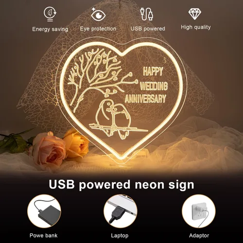 Miniatura 4 de Lucunstar Letrero LED de neón para boda, feliz aniversario, para decoración de pared, luz LED blanca cálida, letreros de amor, decoración de corazón