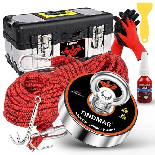 Miniatura 13 de FINDMAG - Kit de pesca con imán con estuche, imanes de pesca de 1000 libras, fuerza de tracción, imán redondo de neodimio súper fuerte para uso