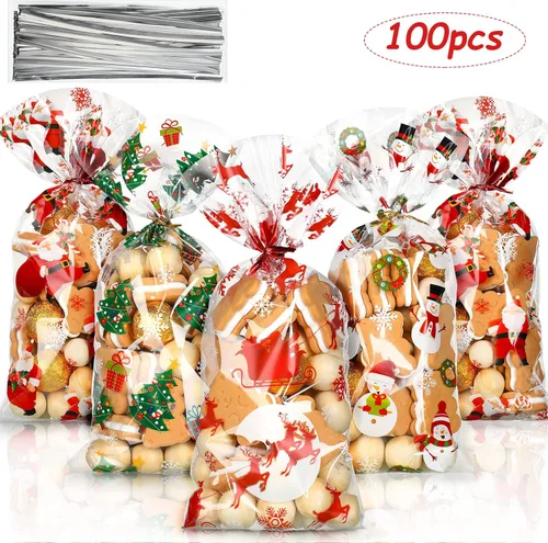 Miniatura 3 de Outus 100 piezas de bolsas de celofán de Navidad, bolsas de Navidad de plástico con lazos giratorios para dulces, galletas, golosinas, envoltorios