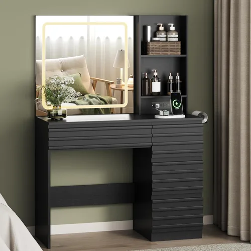 Miniatura 7 de Makeup Vanity Desk with Lights, Fluted Vanity with 4 Drawers, Open Shelves, Power Outlet, LED Lighted Mirror, 3 Lighting Modes & Brightness