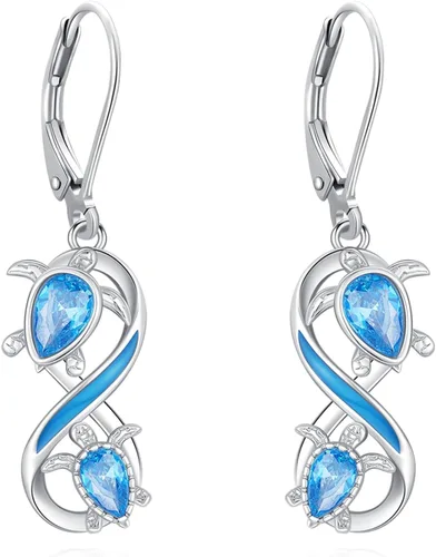 Miniatura 139 de Aretes colgantes de plata de ley con diseño de árbol de la vida, flor, abeja, animales, gato, colibrí, piedra lunar, turquesa, aretes con cierre