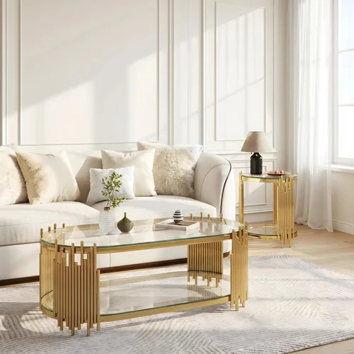 Miniatura 11 de 2-Tier Gold Glass Coffee Table, Modern Oval Coffee Table with Clear Tempered Black Shelves and Stainless Steel Frame, Luxury Center Tables for