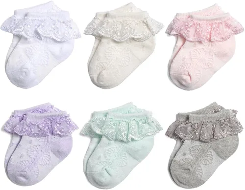 Epeius - Calcetines con detalle de vuelo de encaje y ojales para recién nacidos, bebés y niñas pequeñas (paquete de 2346)