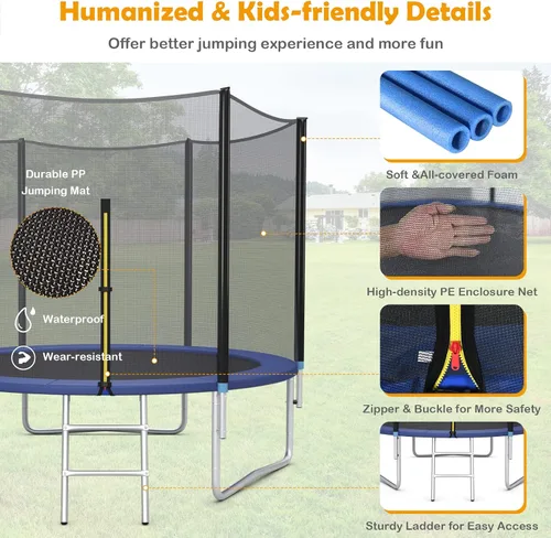 Miniatura 4 de GYMAX - Trampolín recreativo de 8, 10, 12, 14, 15 y 16 pies, con red de seguridad y escalera, certificado por ASTM, trampolín para exteriores