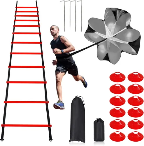 Juego de entrenamiento de velocidad profesional y agilidad: incluye escalera de agilidad ajustable de 12 peldaños de 20 pies con bolsa de Azul