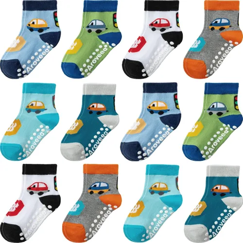 Miniatura 35 de Calcetines antideslizantes con agarre para tobillos, paquete de 12 unidades para niños pequeños, niños y niñas, lindos calcetines de algodón