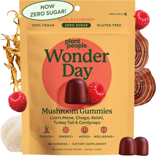 Plant People WonderDay - Gomitas de hongos, melena de león, Cordyceps, suplemento de hongo Chaga para apoyar el sistema inmunológico, desestresar,
