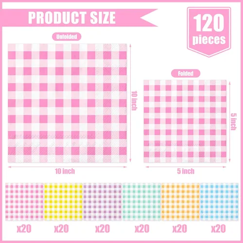 Miniatura 2 de Whaline 120 servilletas de cóctel a cuadros de primavera, 6 colores pastel arco iris, servilletas de papel a cuadros, desechables para primavera