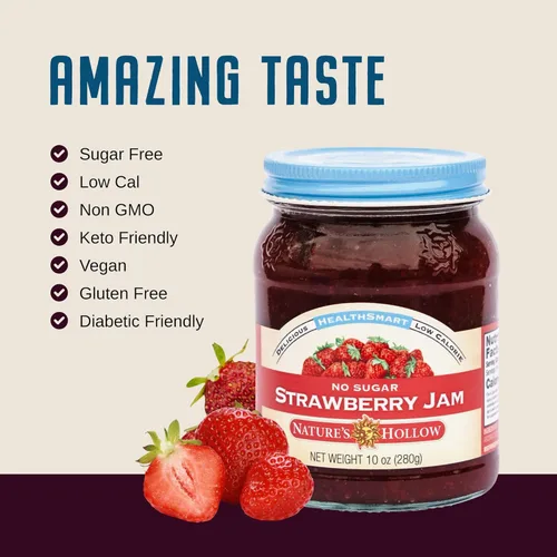 Miniatura 5 de Nature's Hollow Mermelada de Fresa: Mermelada y Conservas Sin Azúcar, Bajas en Calorías, Sin OGM, Mermelada Keto, Vegana, Sin Gluten y Apta