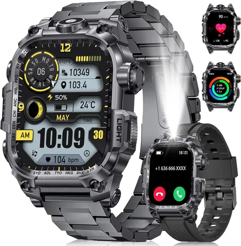 Miniatura 9 de Relojes inteligentes militares para hombre (respuesta/hacer llamadas), reloj inteligente deportivo con pantalla HD de 2.01 pulgadas con linterna LED