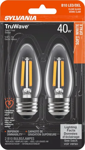 Sylvania - Bombilla LED TruWave Natural Series Candelabro, 40 W, base media blanca suave, regulable, transparente, punta roma, paquete de 2