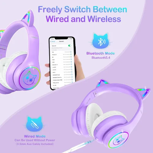Miniatura 3 de LOBKIN - Auriculares Bluetooth 5.4 para niños con estuche - Orejas de gato plegables ajustables con luz LED RGB, auriculares supraaurales con Púrpura