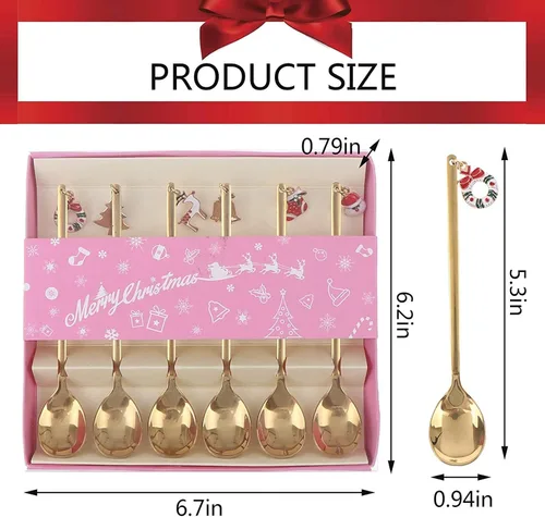 Miniatura 5 de JapanAmStore - 6 cucharas de café de acero inoxidable con colgante de Navidad, cuchara de sopa, cuchara de té, cuchara de postre para decoración