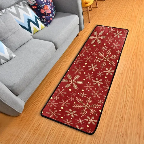 Miniatura 8 de Alfombra de pasillo de Navidad, patrón rojo con copos de nieve, alfombra de corredor de flores, alfombra antideslizante para cocina, alfombra