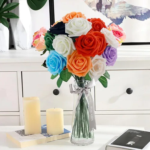 Miniatura 6 de 25 rosas artificiales de color púrpura con tallo largo, de espuma falsa con sensación real, para decoración, ramos de boda, centros de mesa, ducha
