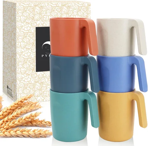 Miniatura 18 de PYRMONT Juego de 6 tazas de paja de trigo, tazas de café de plástico reutilizables, tazas de té con asas, juego de tazas de 16 onzas para café