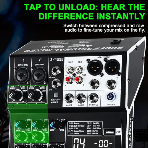 Miniatura 6 de Mezclador de audio de 4 canales, consola mezcladora de sonido profesional con 99 efectos DSP, mezclador de DJ pequeño con USB, Bluetooth, fuente