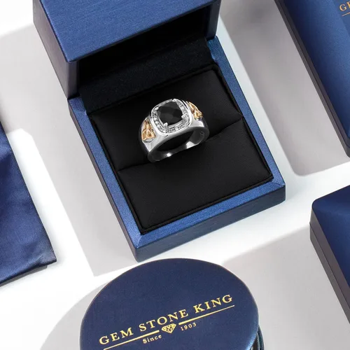 Miniatura 5 de Gem Stone King 8MM Cushion Cut Ring for Men Gemstone Birthstone and Lab Grown Diamond 925 Sterling Silver & 10K Yellow Gold Available in Sizes
