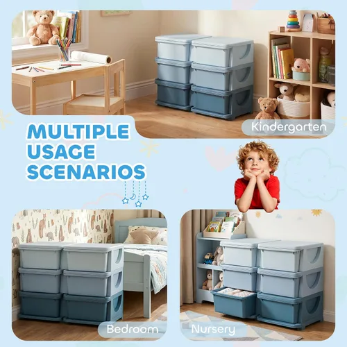 Miniatura 5 de Qaba Unidad de almacenamiento de 3 niveles para niños, organizadores de juguetes y almacenamiento con 6 cajones para dormitorio de niños, guardería