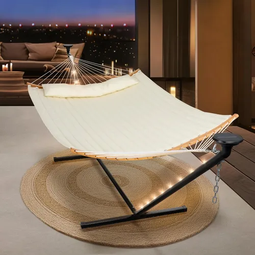 SUNCREAT Hamaca doble para exteriores con soporte de 12 pies, hamacas autoportantes con soporte, beige
