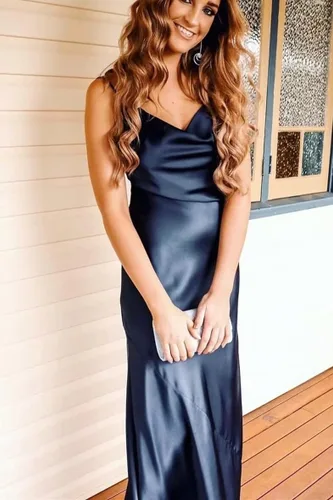 Miniatura 6 de Vestidos de dama de honor de satén con tirantes delgados, vestidos largos con cuello vuelto, vestidos de graduación, vestido de noche formal