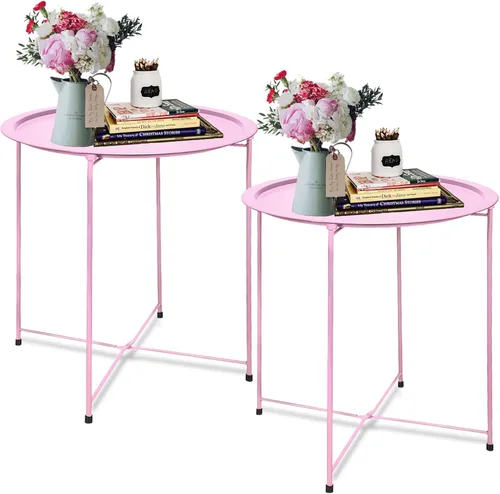 Miniatura 16 de Garden 4 you Juego de 2 mesas auxiliares, mesa auxiliar para exteriores, mesa pequeña para patio, mesa auxiliar de metal, mesa auxiliar redonda Verde