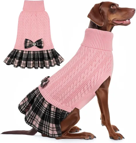 Miniatura 19 de KYEESE Suéter de punto grueso para perro, vestido de suéter para mascotas con corbatín, abrigos elásticos para mascotas, suéter suave para perros