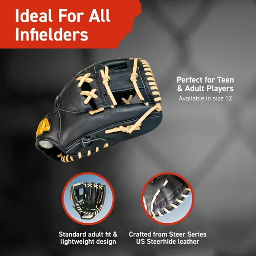Miniatura 3 de 44 Pro Steer - Guante de béisbol para campo interior, guante de campo, construcción de cuero de primera calidad para adultos y jóvenes, 12 pulgadas