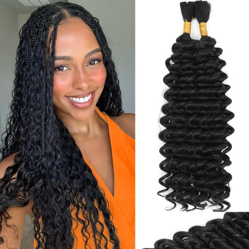 Miniatura 23 de Mezcla de cabello humano trenzado sintético de onda profunda a granel para trenzar, 16 pulgadas, cabello trenzado húmedo y ondulado, 2 piezas